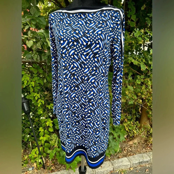 MICHAEL KORS MERCEER LONG SLEEVE BORDER PRINT SLINKY JERSEY SHIFT DRESS PETITE M - Picture 1 of 3